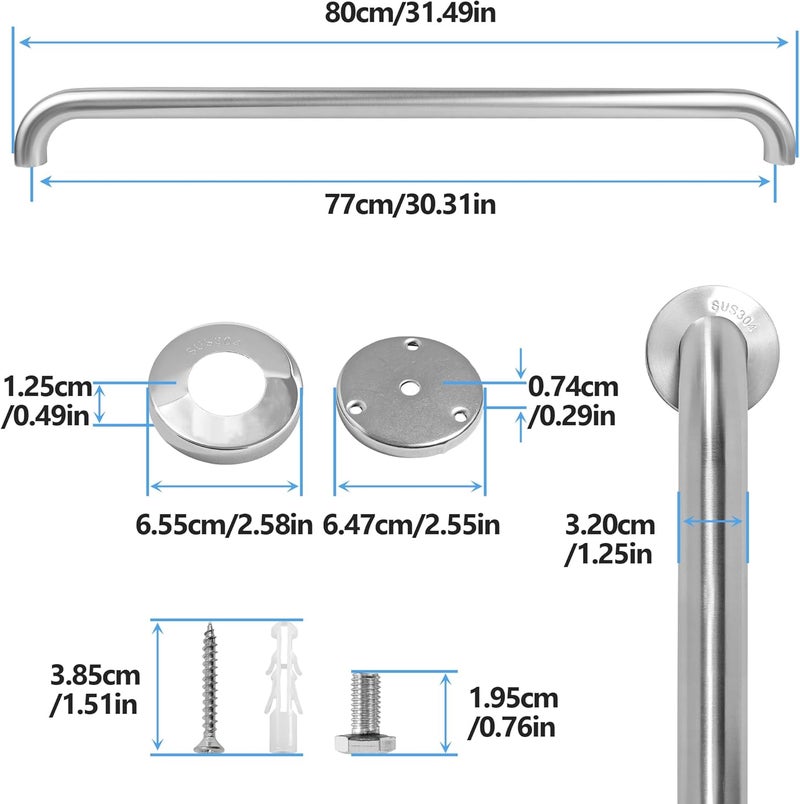 Rackickyer Shower Grab Bar, 2 Pack 32 Inch Brushed Nickel Bathroom Safety Bar, 1.25" Diameter 304 Stainless Steel Grab Bars for Bathtubs and Showers, Handicap Shower Grab Bar for Seniors Elderly - Image 2